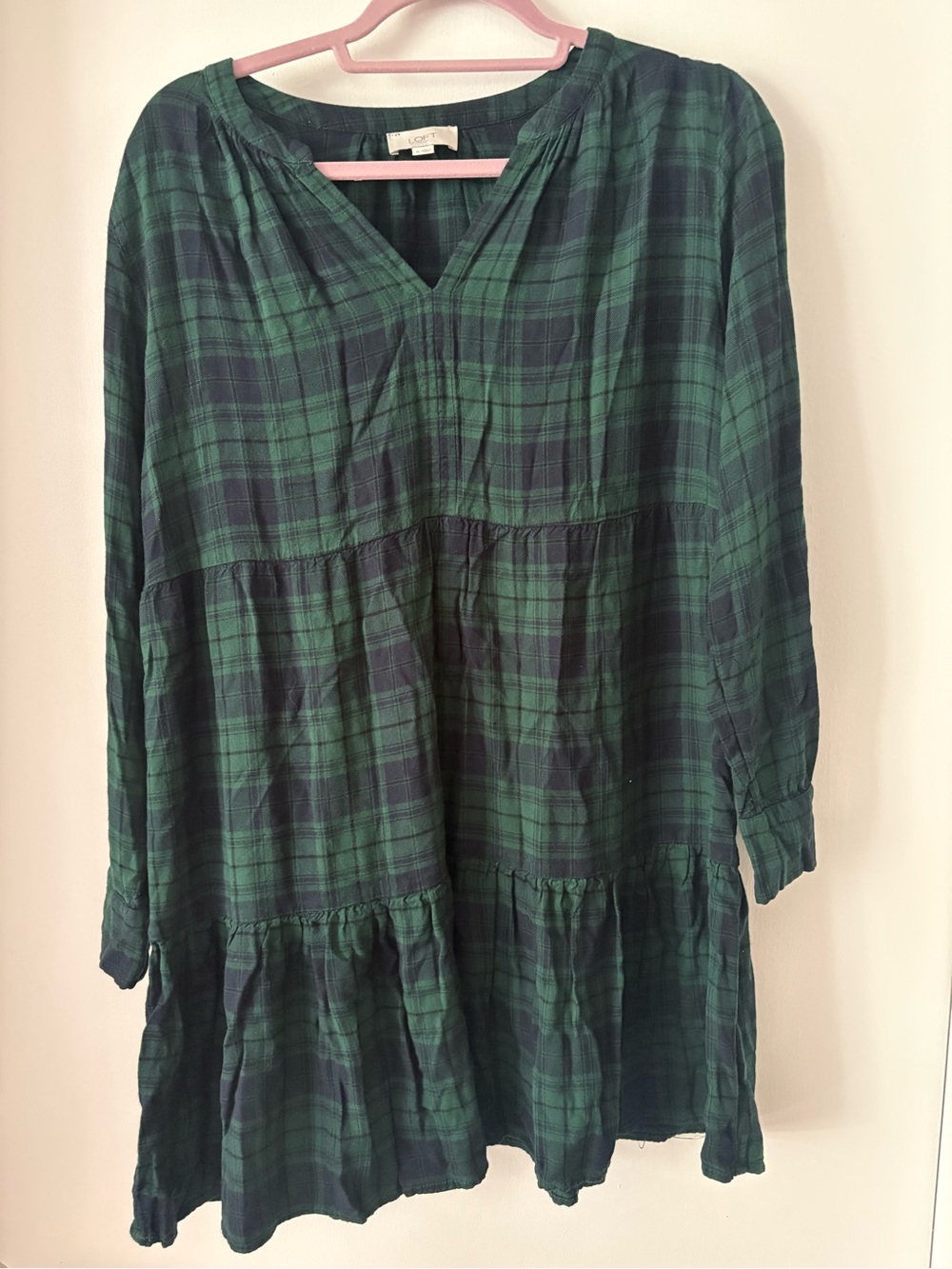 LOFT Green and Navy Plaid Long-Sleeve Dress